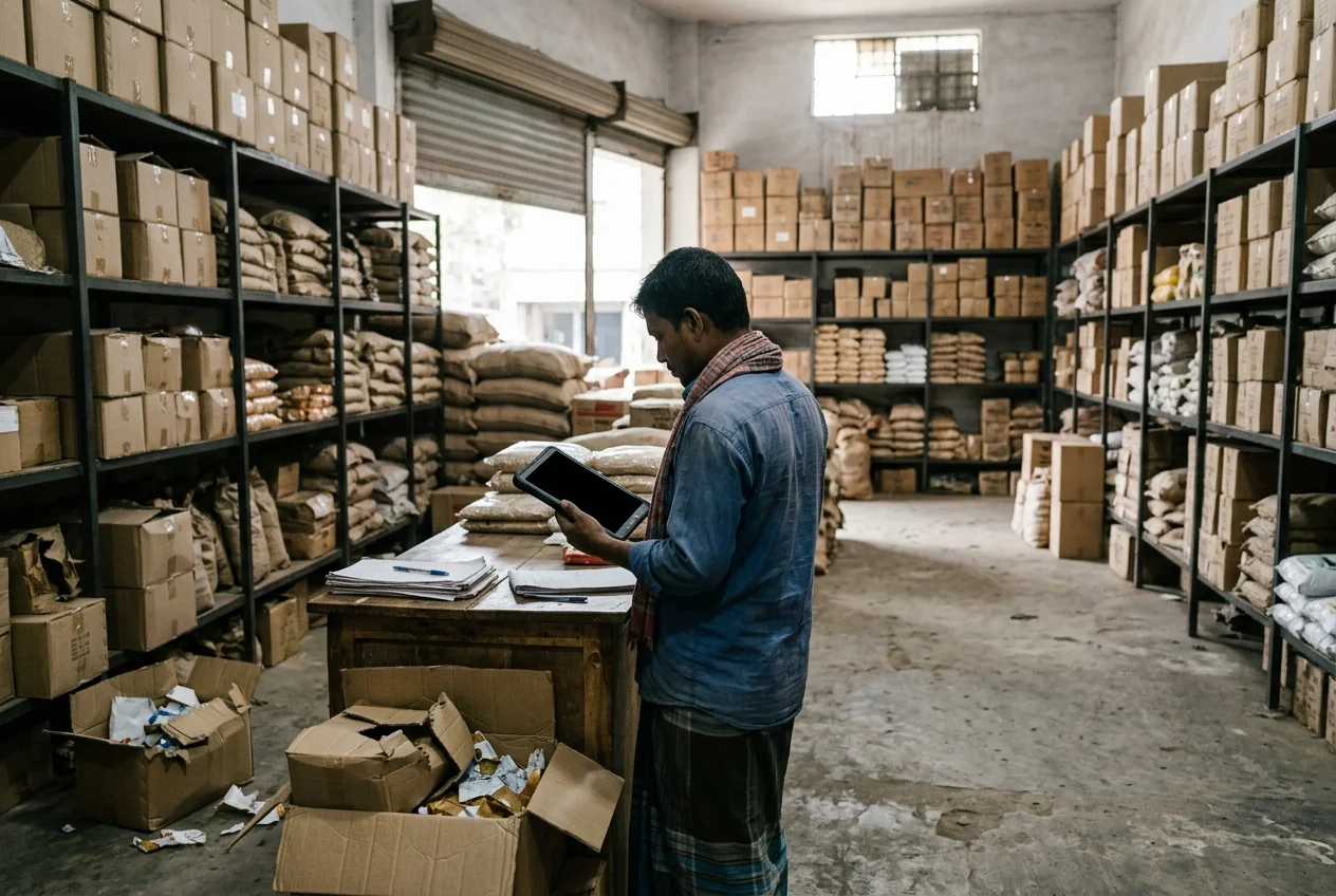 Staff checking inventory on a tablet in a stockroom with labeled drawers and damaged cartons