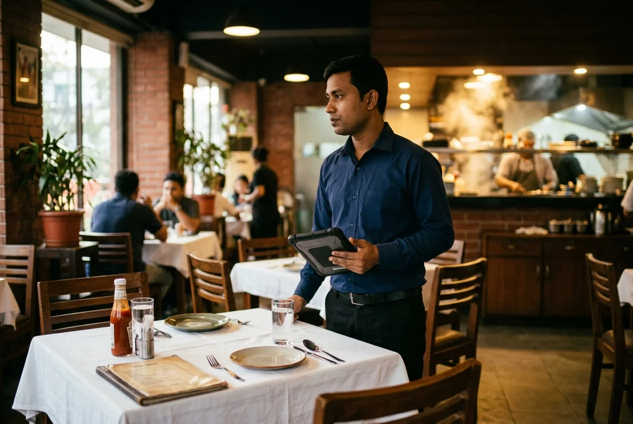 Restaurant dining room with a waiter holding a tablet beside a set table, kitchen pass soft focus