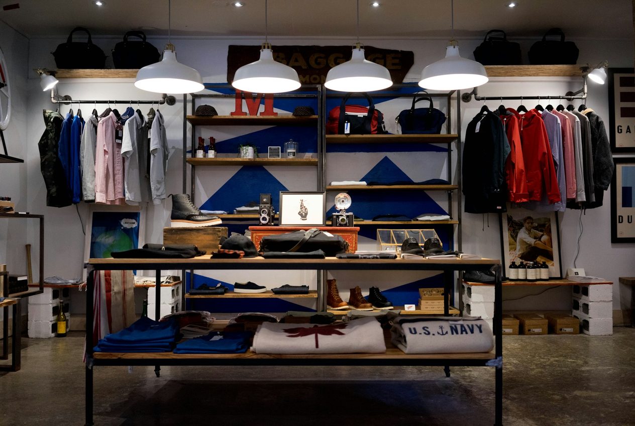 Clothing store racks and hangers
