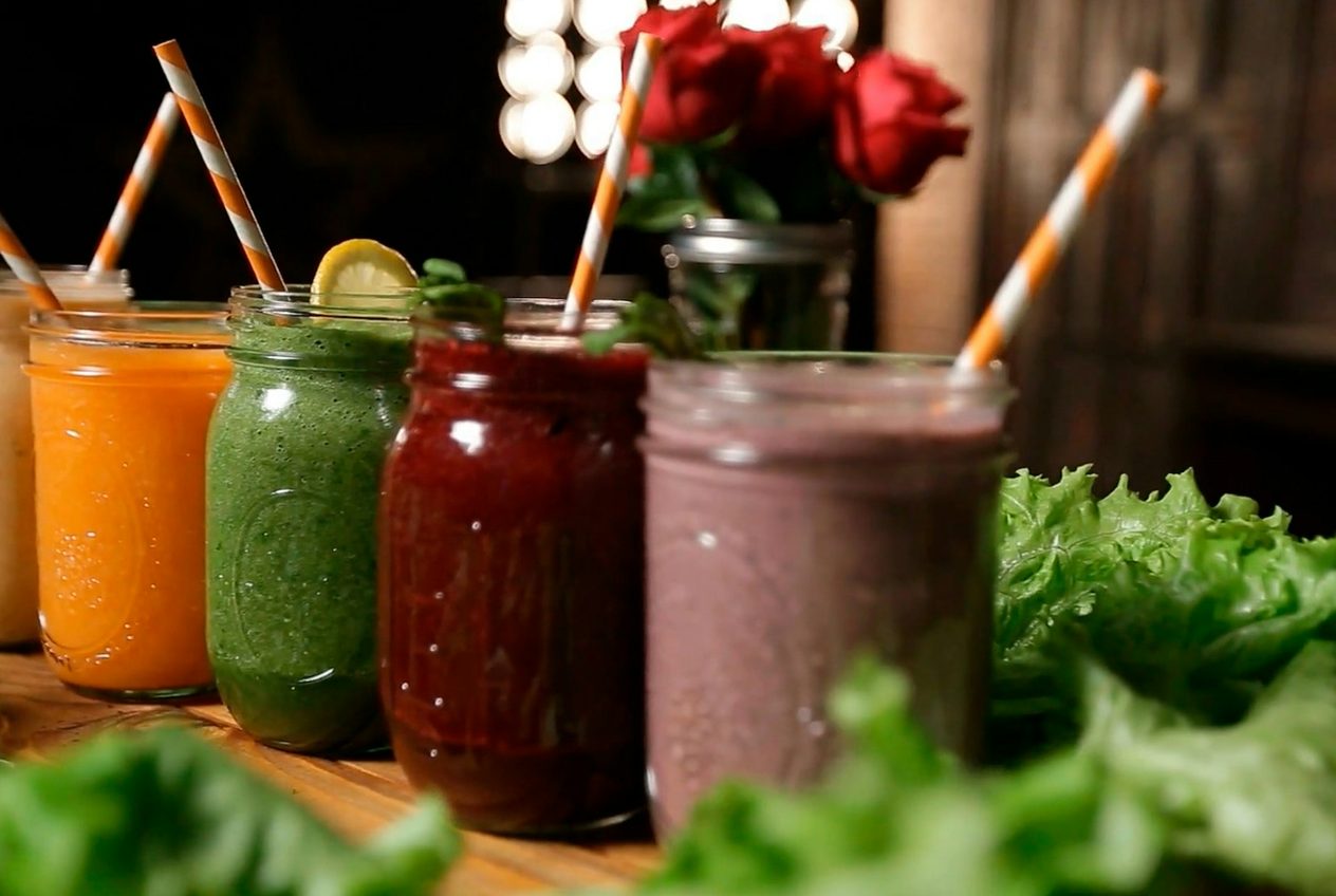 Fresh juice glasses on a bar
