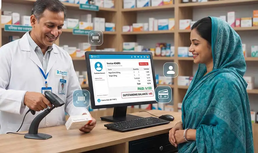 Pharmacy counter with packed medicine boxes ready to scan