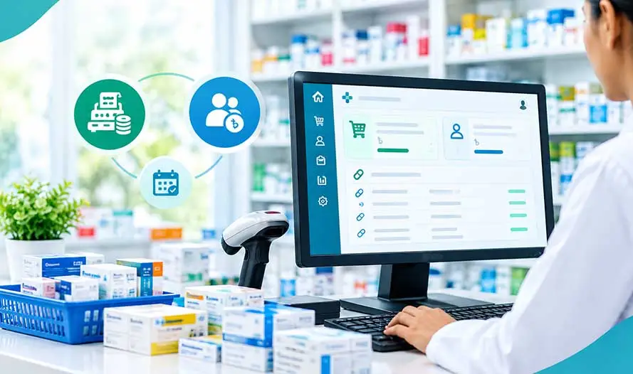 Pharmacy owner reviewing a day sales summary on a counter screen beside a closed till