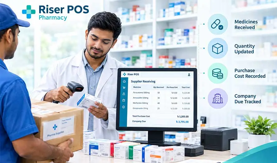 Delivery boxes and medicine cartons at a pharmacy stockroom counter